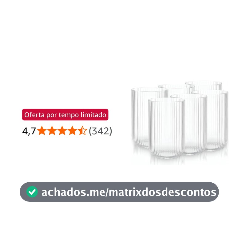 Jogo com 6 Copos Canelado Peças de Vidro Transparente, Linha 450ml