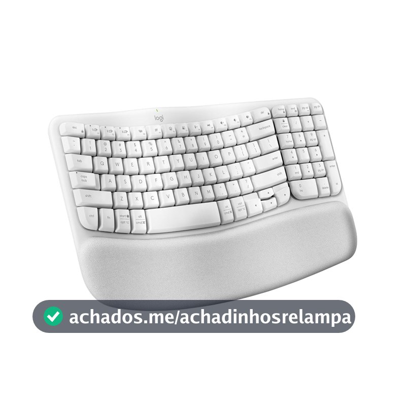 Teclado Ergonômico sem fio Logitech Wave Keys com Design Ondulado, Suporte para Descanso de Pulso Acolchoado, Bluetooth ou Receptor USB Logi Bolt, Compatível com Windows/Mac e Layout US - Branco