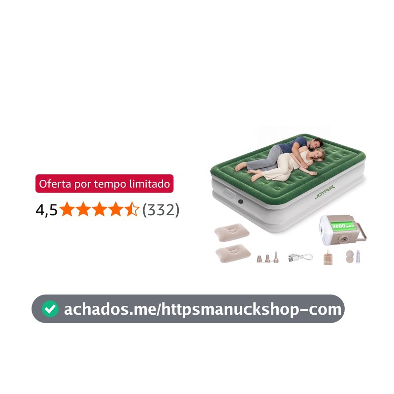 Joyfox Série Forest Colchão Inflável Casal com Bomba Elétrica Interna 110V/220V, Cama de Ar Premium 200x154x43cm, Verde e Branco