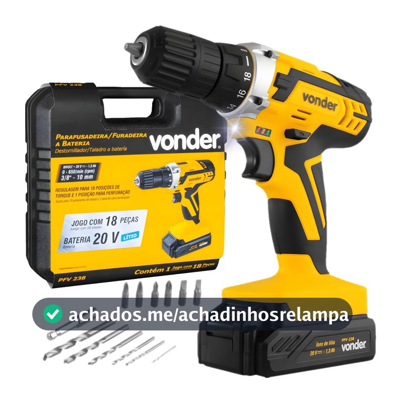 Vonder, Parafusadeira/Furadeira a Bateria PFV 238, 20V, Bivolt, Velocidade Variável, com Maleta e Acessórios, Amarelo