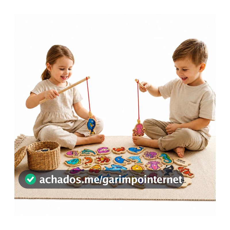 Brinquedo de Madeira Infantil Educativo Montessori (Peixes Bilíngue)