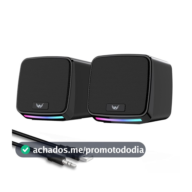Alto-falantes RGB para PC, alimentação USB, conector de áudio de 3,5 mm, compacto, preto