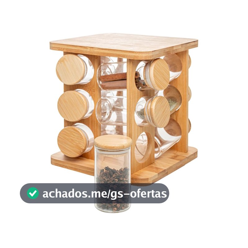 WOLFF - Conjunto 12 Potes em Borossilicato com Tampa Hermética e Rack Giratório em Bambu 120ml - Porta temperos com suporte