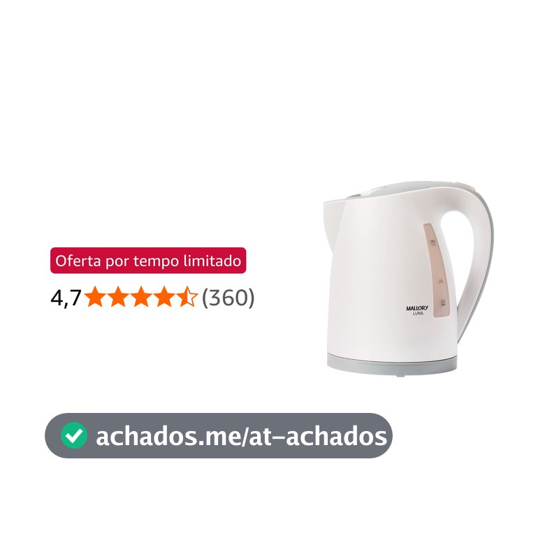 Chaleira Elétrica Mallory Luna – 1,7L, Base Rotativa 360º, Desligamento Automático, Indicador de Nível de Água - 127V