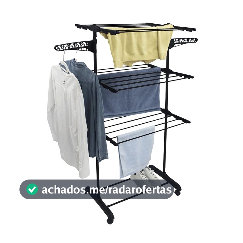 Varal De Chão 3 Andares Grande de Roupas Dobrável Regulável Retrátil com Rodinhas e Ganchos Compacto (TODO PRETO)