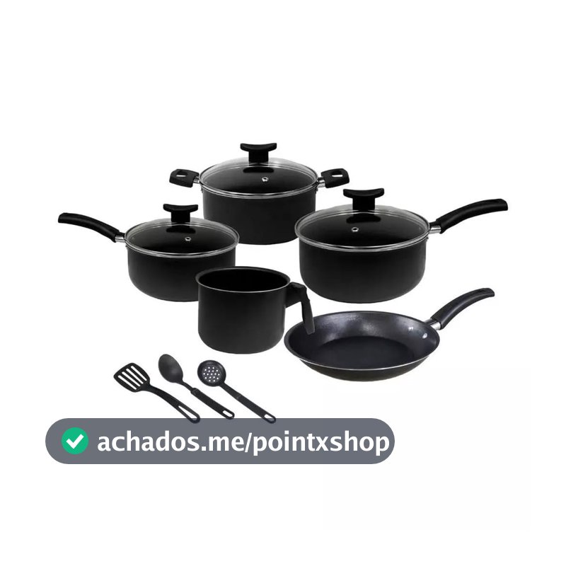 Kit Jogo de Panelas Brasília 8 Peças, Alumínio Antiaderente, com Frigideira, Caçarola e Talheres (Preto)