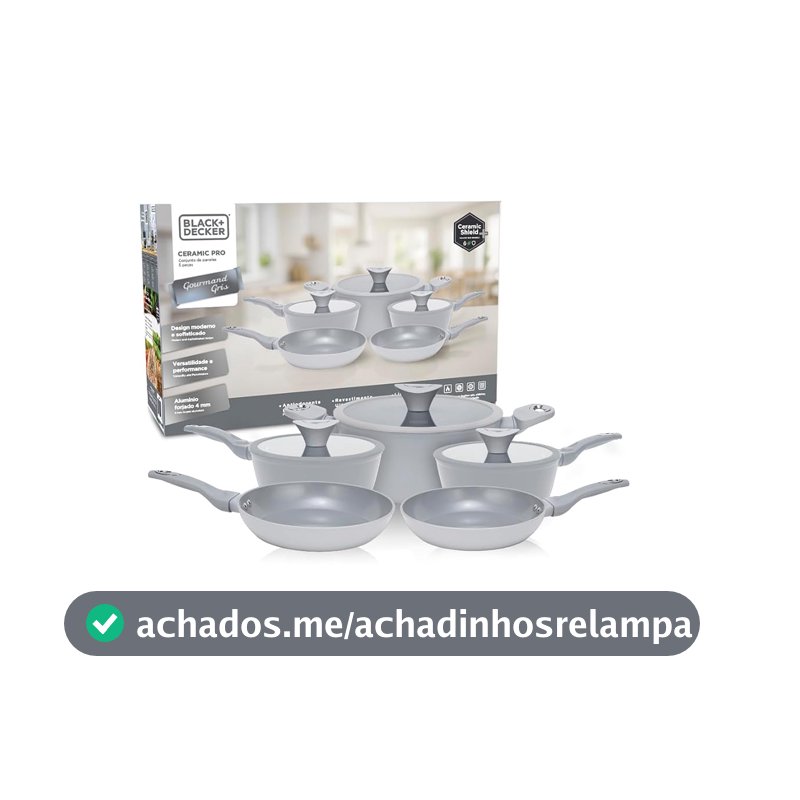BLACK+DECKER Conjunto de Panelas 5 Peças Ceramic Pro Gourmand Gris – Revestimento Cerâmico Antiaderente, Base Compatível com Indução e Tampas de Vidro com Borda de Silicone - Mist Grey