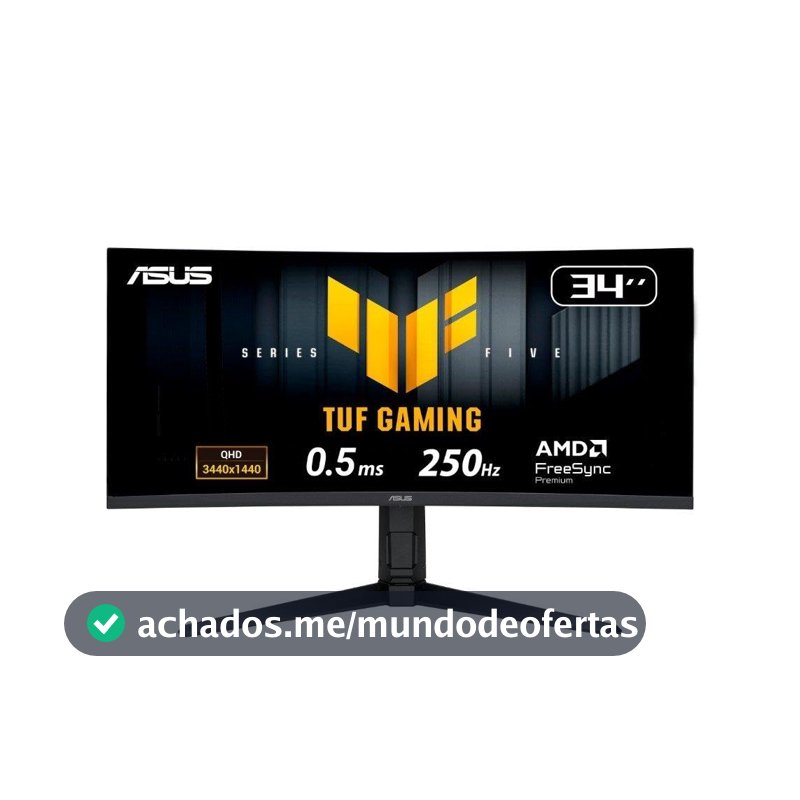 Monitor Gamer Curvo ASUS TUF 34"", WQHD, 250Hz, 0.5ms, Fast VA, FreeSync Premium, Altura Ajustável, Som Integrado, Preto - VG34WQML5A