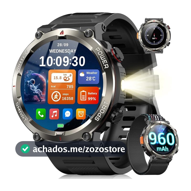 Smartwatch Militar Blackview - Bateria 100 Dias, Lanterna LED, Bússola, 150+ Modos Esportivos, IP68, Chamadas Bluetooth - iOS/Android