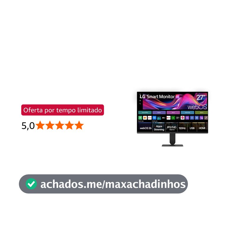 Monitor LG Smart, Tela IPS de 27”, FHD, WebOS 26, HDR10, ThinQ, Wi-fi, AirPlay, Bluetooth, 5ms (GtG), 120Hz, 2X USB, 2X HDMI, Preto- 27U511SB
