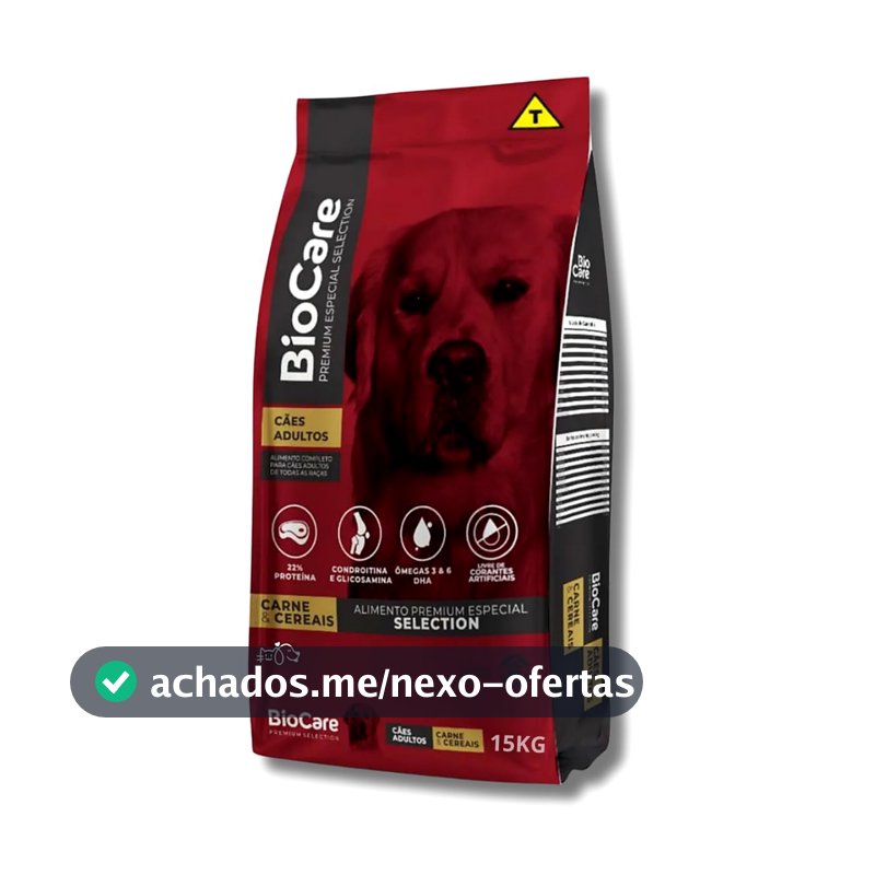 Ração BioCare Premium Especial Selection para Cães Adultos Carne e Cereais 15kg 22% Proteína com Condroitina e Glicosamina