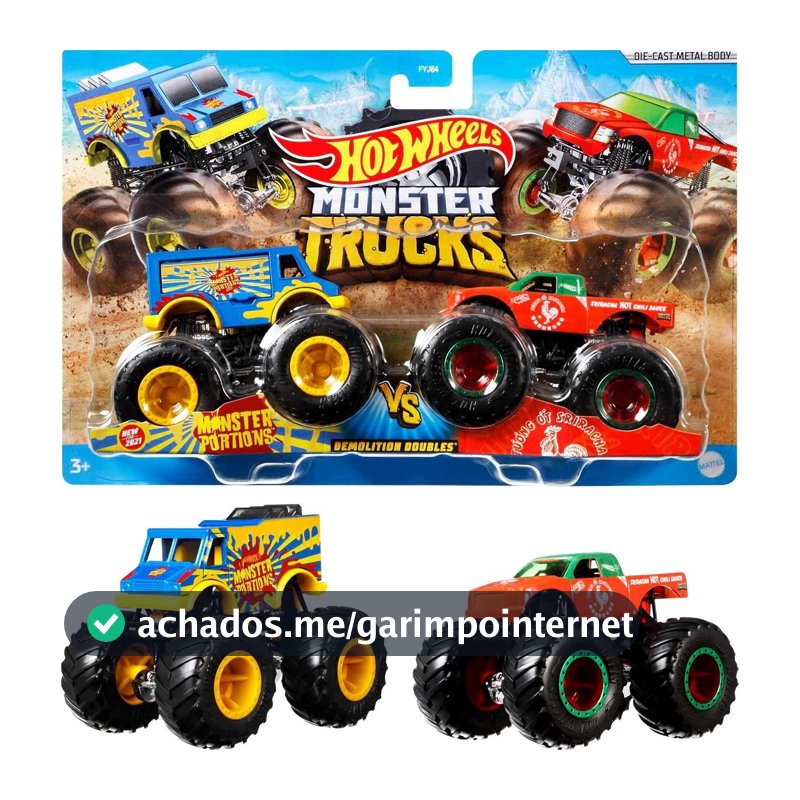 Hot Wheels Monster Trucks Veículo de Brinquedo Pacote Surpresa 2 Carros Escala 1:64 para crianças a partir de 3 anos