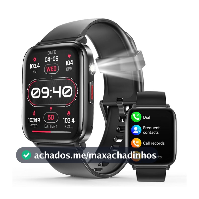 Smartwatch com Tela Sensível ao Toque 1,83", Bluetooth 5.2, Resistente à Água IP68, Bateria 240mAh, Preto
