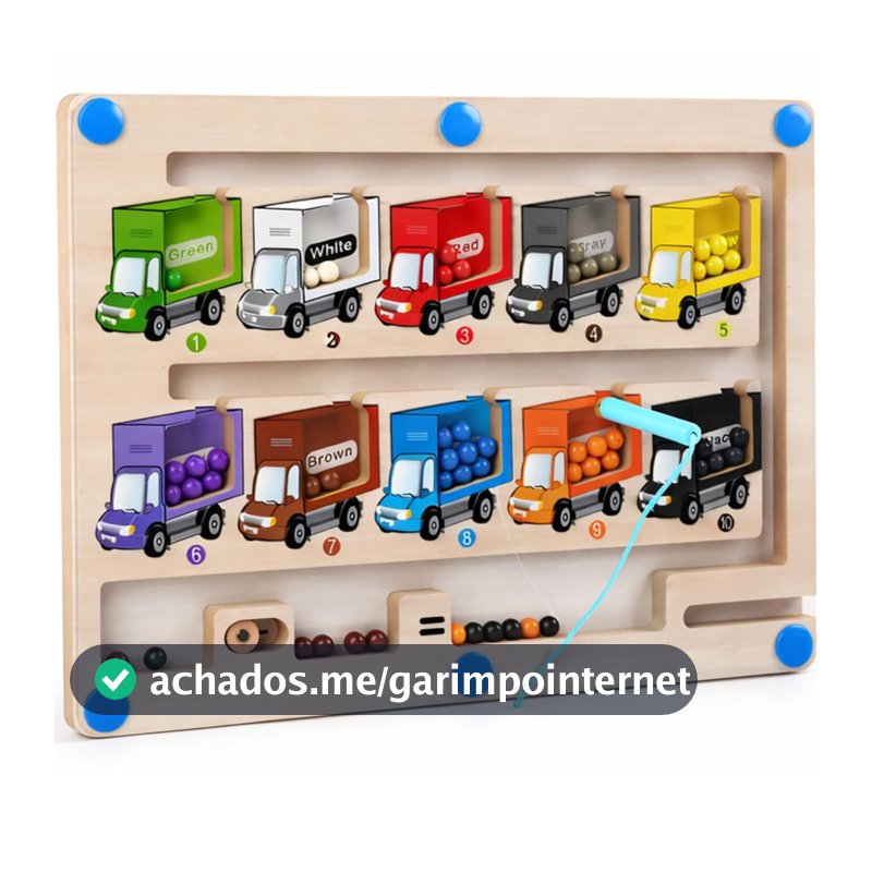Brinquedo Labirinto Magnético de Madeira Educativo com Caminhões Coloridos, Caneta Imantada, Aprendizado de Cores e Números, Pedagogico Montessori Interativo para Crianças 3+ Anos, 30x22cm