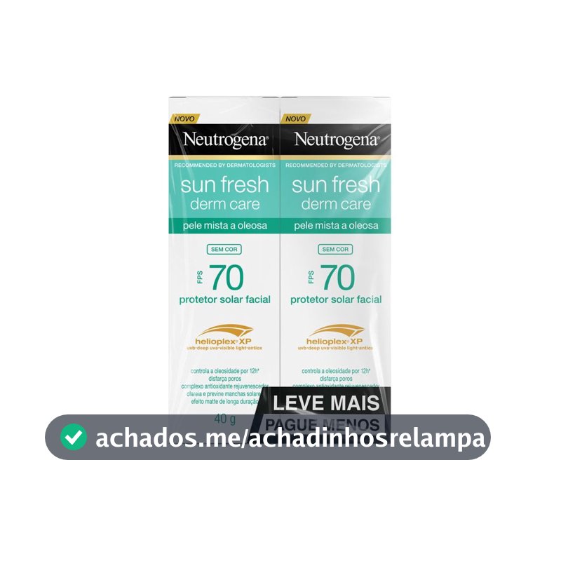 Protetor Solar Facial Neutrogena Sun Fresh, Sem Cor, FPS 70, 2 Unidades 40g