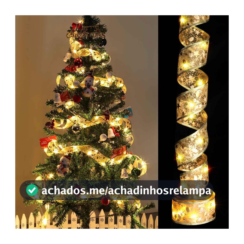 HINOOR Fita de árvore de Natal de 9,8 m com 100 luzes LED, fita dourada com fio para árvore de Natal com bateria e alimentada por USB, 8 modos de iluminação, decorações de árvore de Natal, luzes de