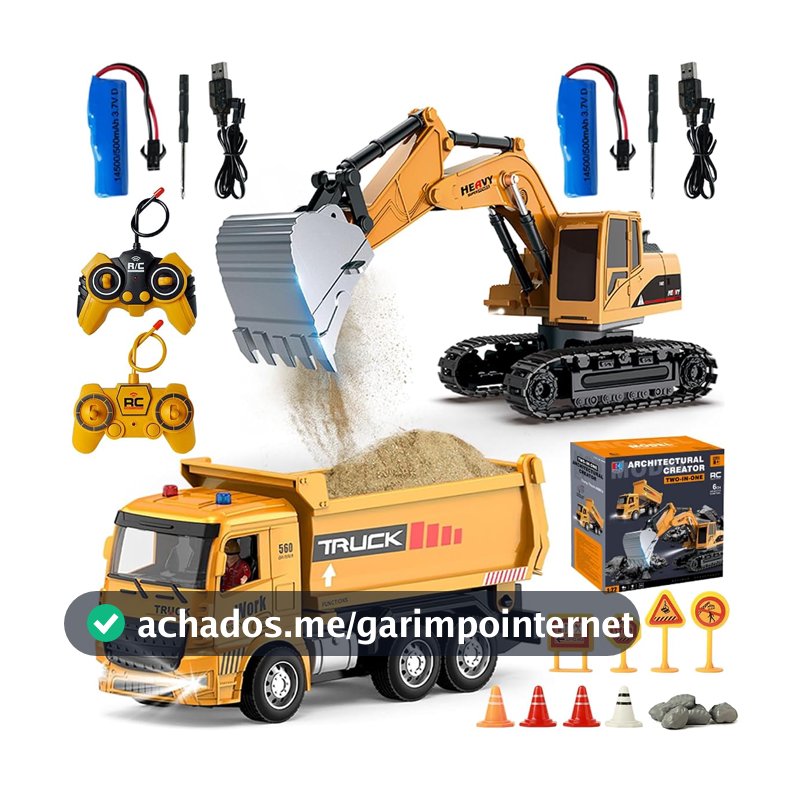 Escavadeira Carros de Controle Remoto, Caminhão de Construção de RC, Escavadeira, Brinquedo 2 em 1 com Luzes, Escala 1:20, 2.4GHz com 2 Baterias Recarregáveis