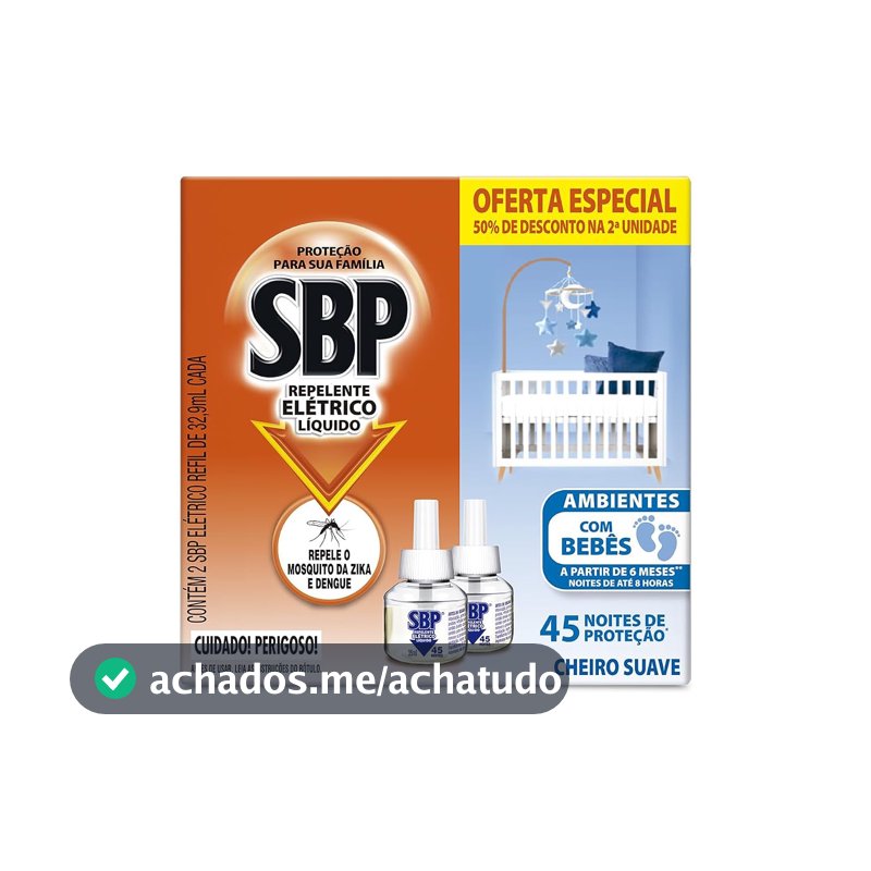 Repelente Elétrico Líquido SBP, 32,9ml, Pack com 2 Unidades