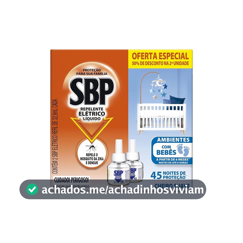 Repelente Elétrico Líquido SBP, 32,9ml, Pack com 2 Unidades