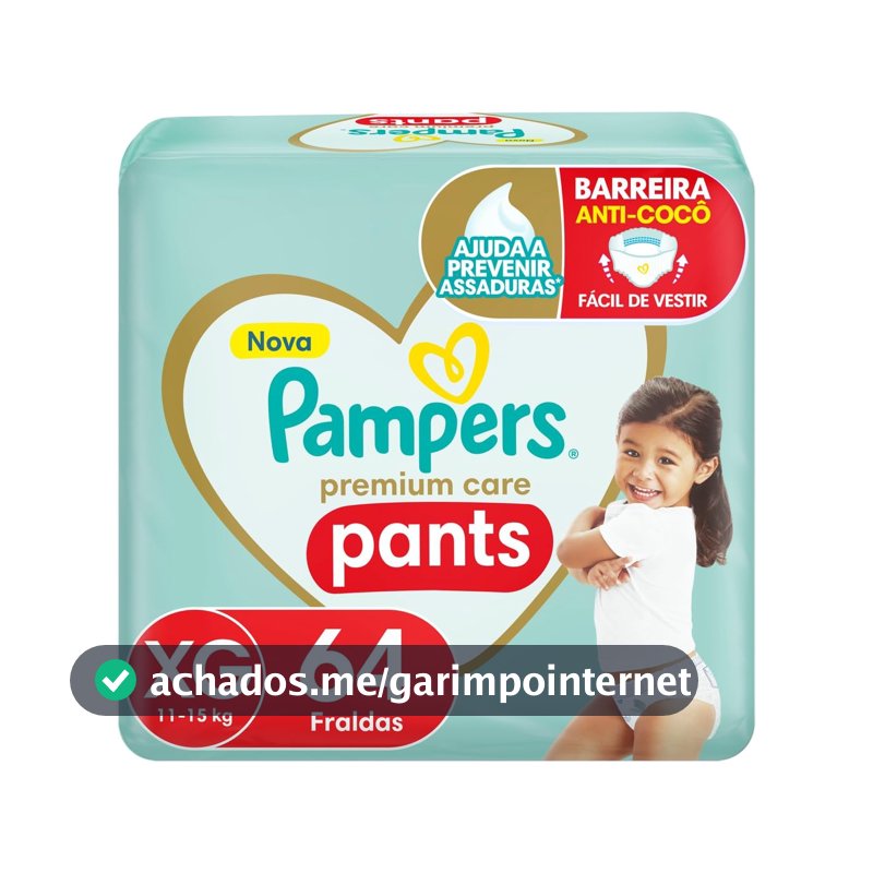 Fralda Pampers Premium Care Pants Tamanho XG, Fácil de Vestir, 64 Unidades