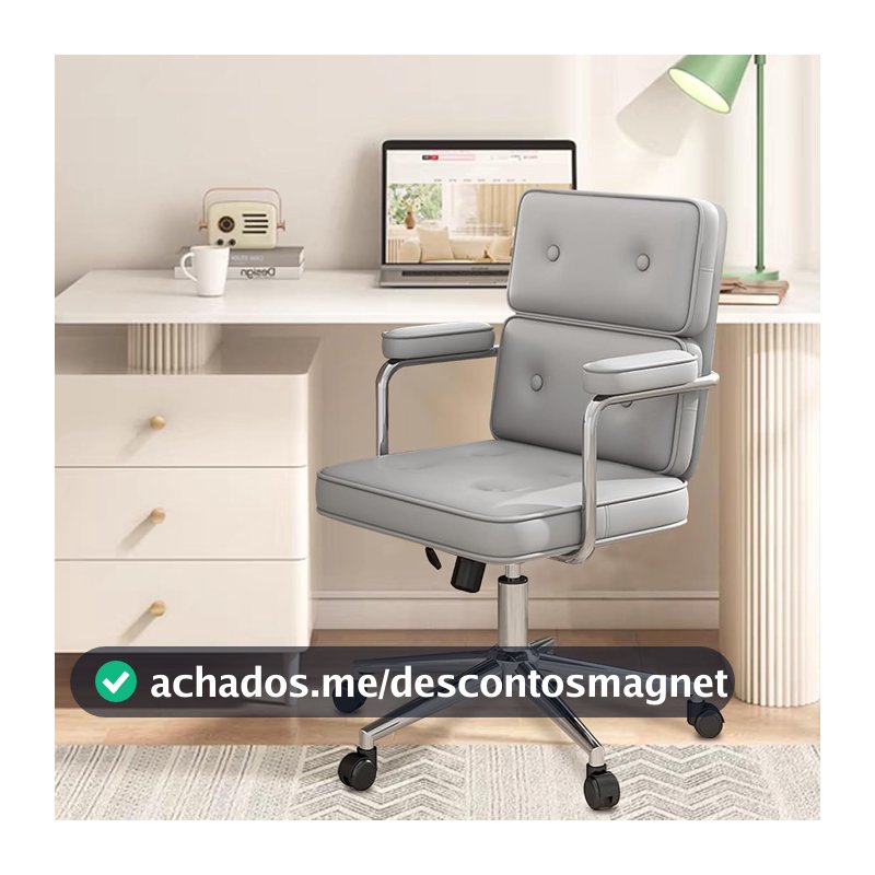 Cadeira de Escritório Compacta Python Fly – Couro Sintético Premium & Base Metálica, Design Moderno NR-17 Testado (Cinza)