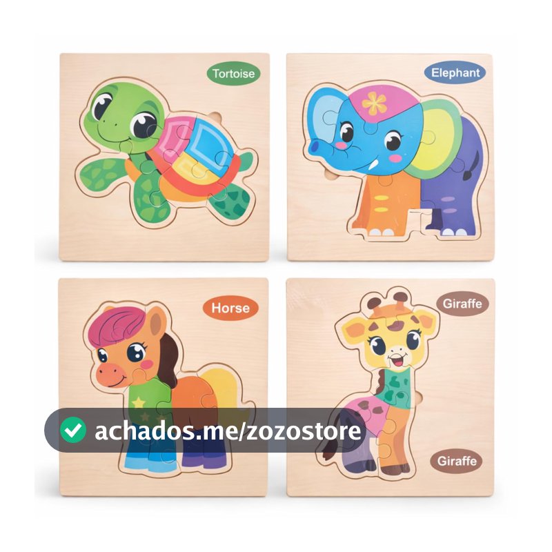 Kit 4 Quebra-Cabeças Infantil de Madeira Montessori Animais em Inglês