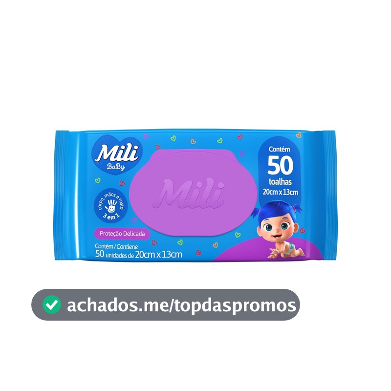 Mili Toalhas Umedecidas Baby, Uso Bebê, Com Aloe Vera e Calêndula, Dermatologicamente Testadas, 50 Unidades