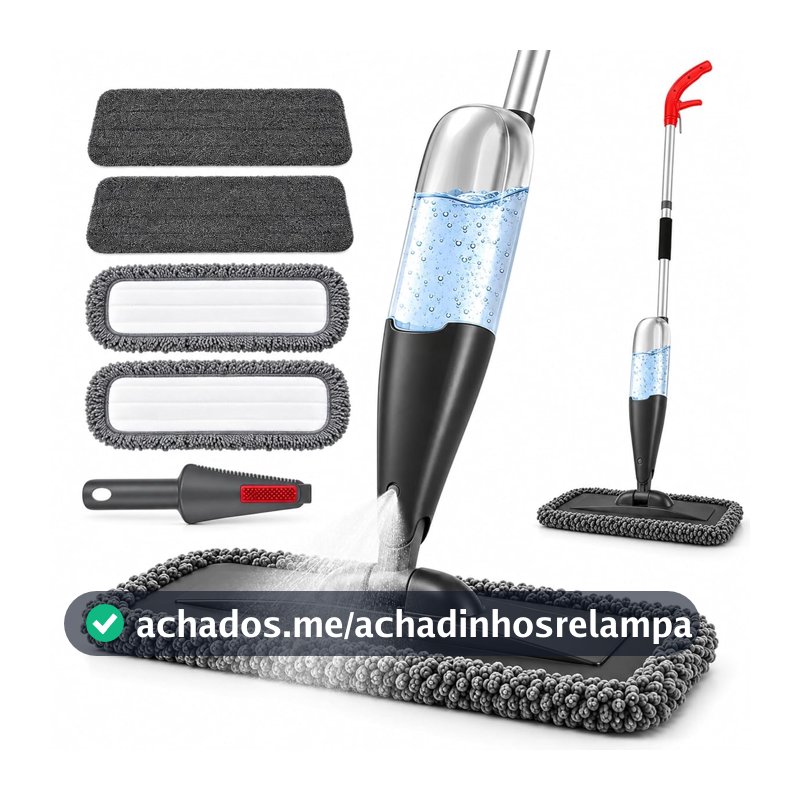 Mop Spray com Reservatório 800 ml, Esfregão de Microfibra para Limpeza de Piso, 4 Refis Laváveis e Raspador, Limpeza Seca e Úmida para Madeira, Laminado, Porcelanato e Azulejo