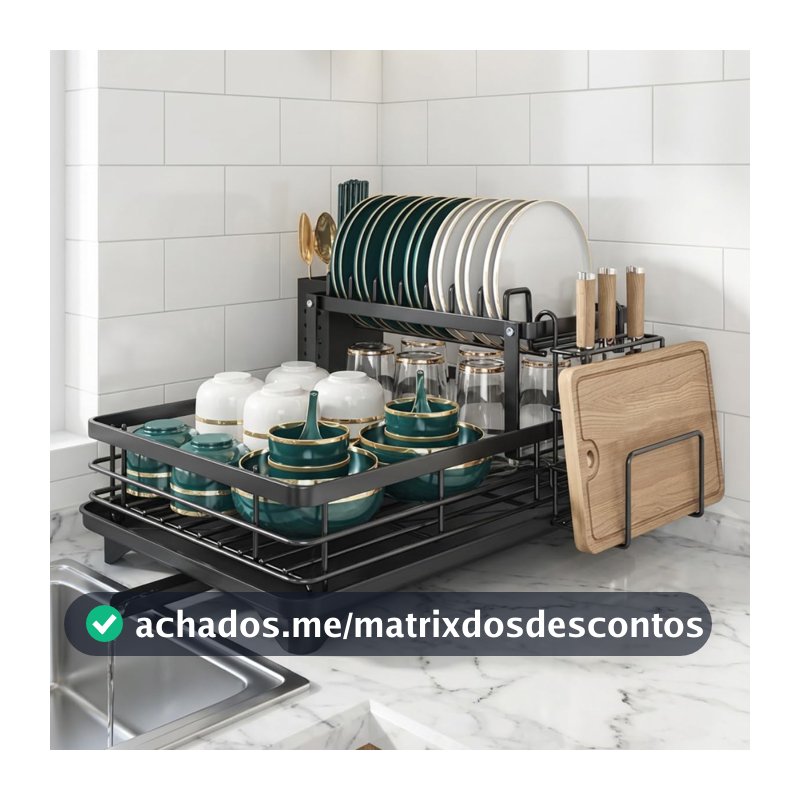 Escorredor de Louças 2 Andares Aço com Revestimento Inoxidavel com Porta Talher, Porta Tabua, Suporte Para Copos, Bandeja e Drenagem Automatica 360°, Preto - Hiper Casa Megastore