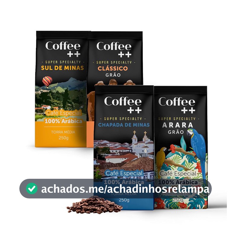 Kit 4 Pacotes Café Especial em Grãos Coffee Mais Variedades: Arara, Chapada de Minas, Cerrado Mineiro e Clássico - 100% Arábica (4x250g)