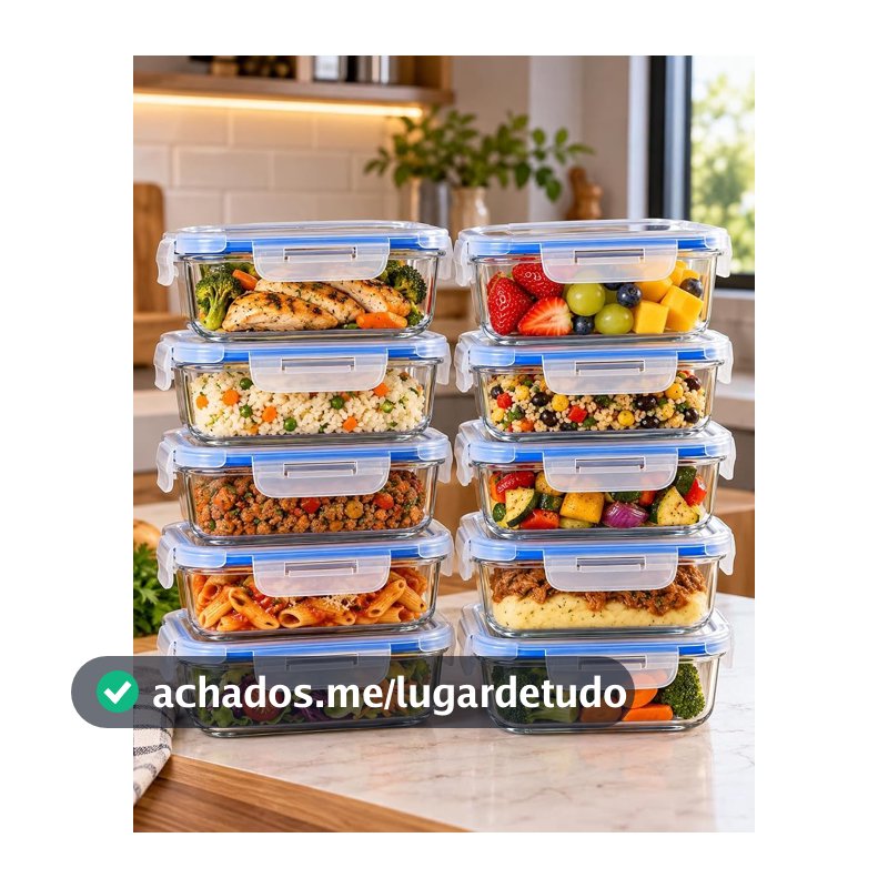 Kit 10 Potes Herméticos de Vidro 640ml com Tampa 4 Travas e Anel de Vedação, Potes para Alimentos, Marmitas, Refeições e Organização de Geladeira