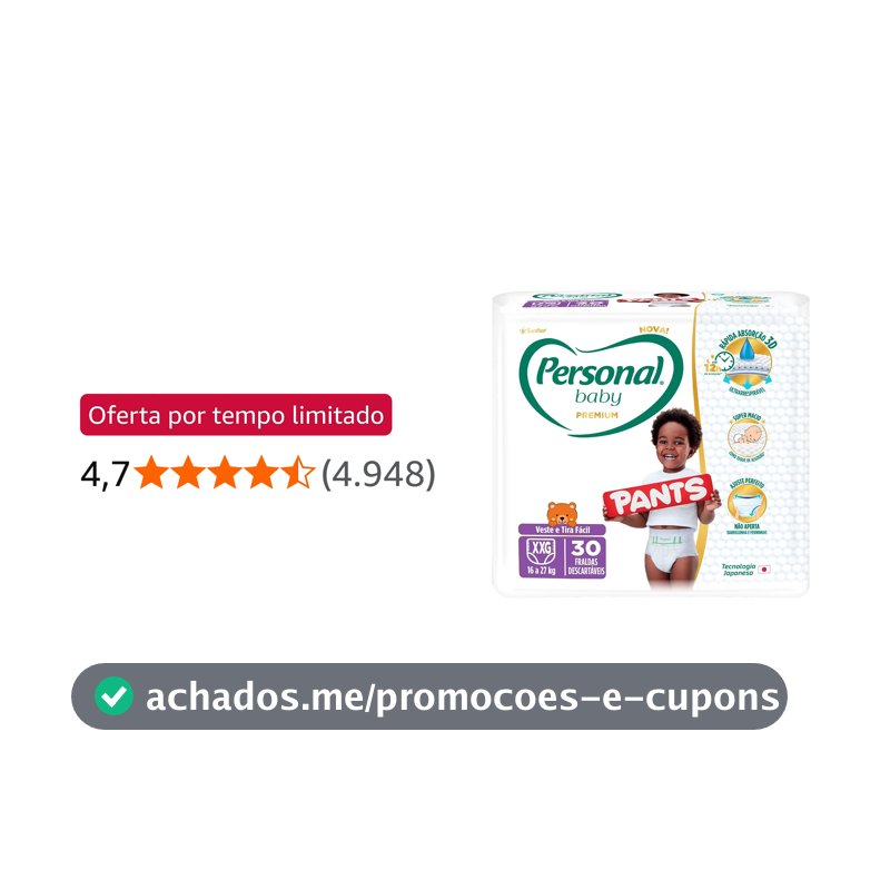 Personal Fralda Descartável Infantil Pants Baby Premium XXG, 30 Unidades