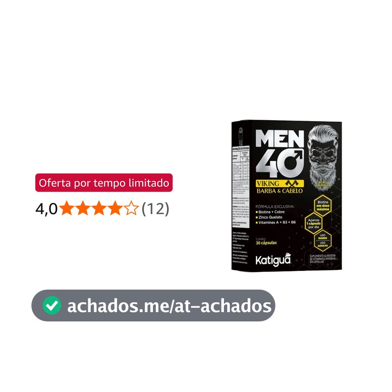 Katiguá, Men 40 Viking Barba e Cabelo, Com Biotina + Cobre, Zinco Quelato, Vitamina A + B3 + B6, Sem sabor, Para Homens, 30 Cápsulas rígidas • 30 doses, Preto