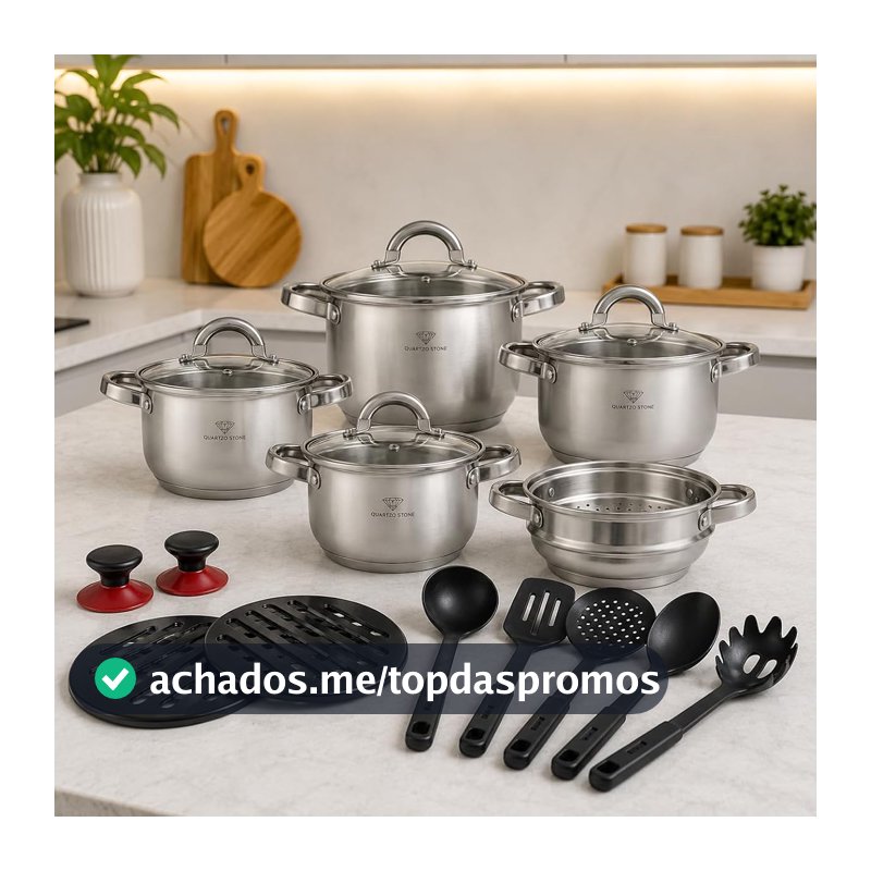 Jogo de Panelas 19 Peças Aço Cirurgico Inox Tampa de Vidro Para Fogão Gás e Indução Premium