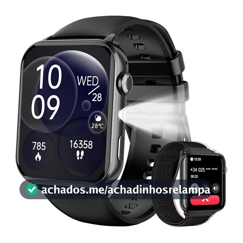 IOWODO Relógio Smartwatch Unissex 1.91" com Chamadas Bluetooth - Lanterna LED, 2 Pulseiras, 100+ Modos Esportivos, IP68 - iPhone/Android (Preto)