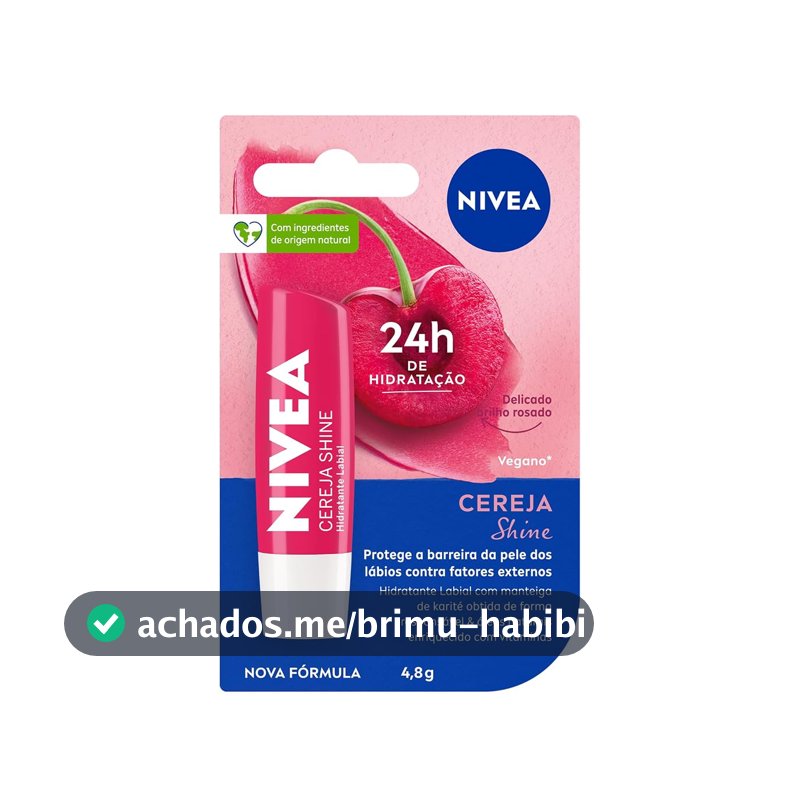 NIVEA Hidratante Labial Cereja Shine 4,8g, Hidratação Intensa 24h, Cor Suave, Brilho Delicado, Cuidado Diário, Manteiga de Karité