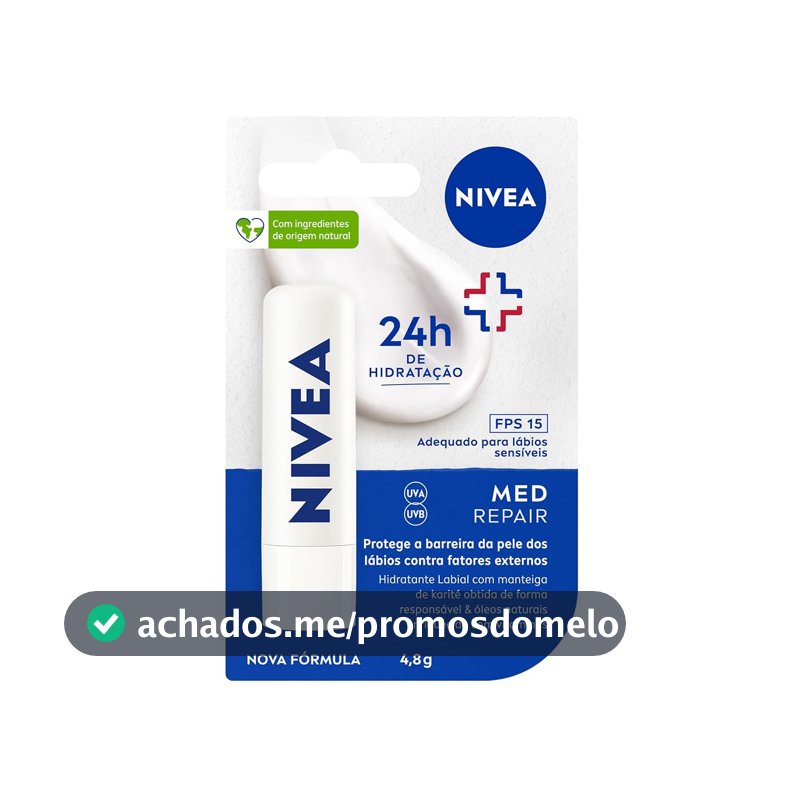 NIVEA Protetor Labial Med Repair FPS15 4,8g, Hidratação Intensa 24h, Alívio Imediato, Protege a Barreira da Pele, Cuidado Diário, Manteiga de Karité, Lábios Sensíveis