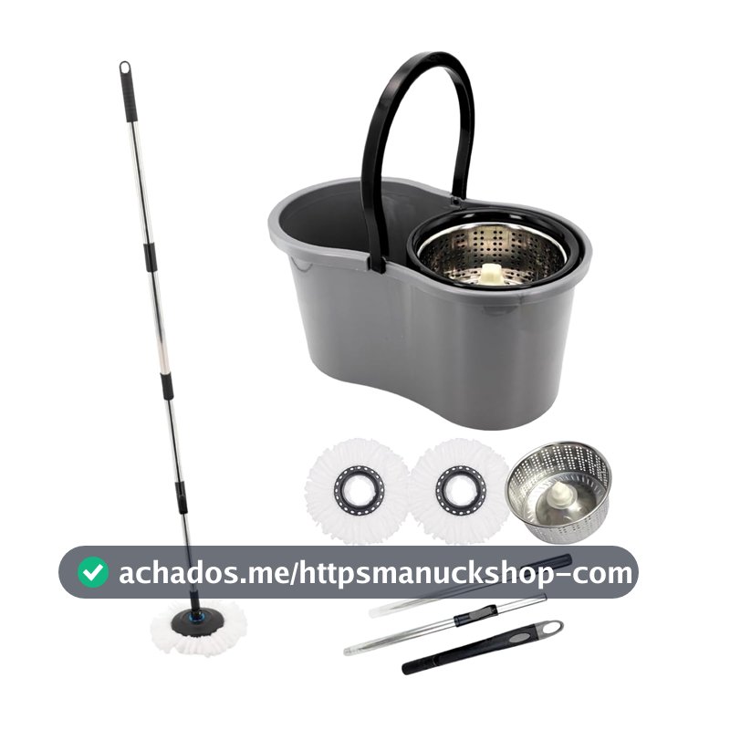 Mop com Balde Giratório Cesto em Inox, 9 Litros com 2 Refis de Microfibra
