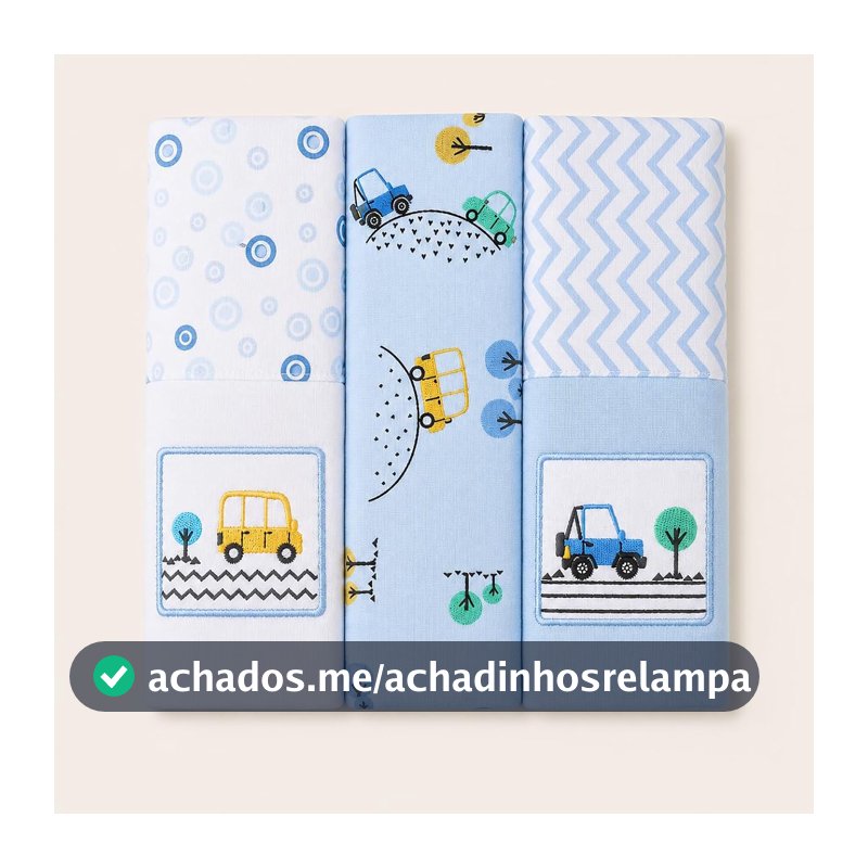 Kit 3 cueiros bebê 80 x 80 cm, 100% algodão, azul