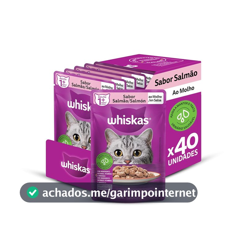 Pack Ração Úmida Whiskas Sachê Salmão ao Molho para Gatos Adultos 85 g - 40 unidades