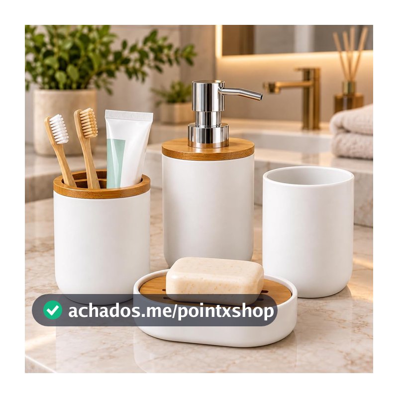 Kit Banheiro Premium 4 Peças Branco e Bambu Dispenser Saboneteira Porta Escovas e Copo Organizador
