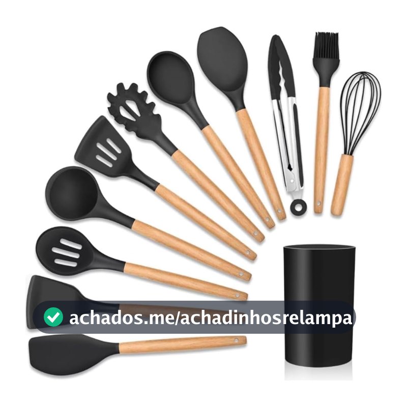 Kit 12 Utensílios de Cozinha em Silicone Cabo Madeira Conjunto Jogo Completo Espátula Concha Colher Resistente Alta Temperatura. Conjunto Premium Completo