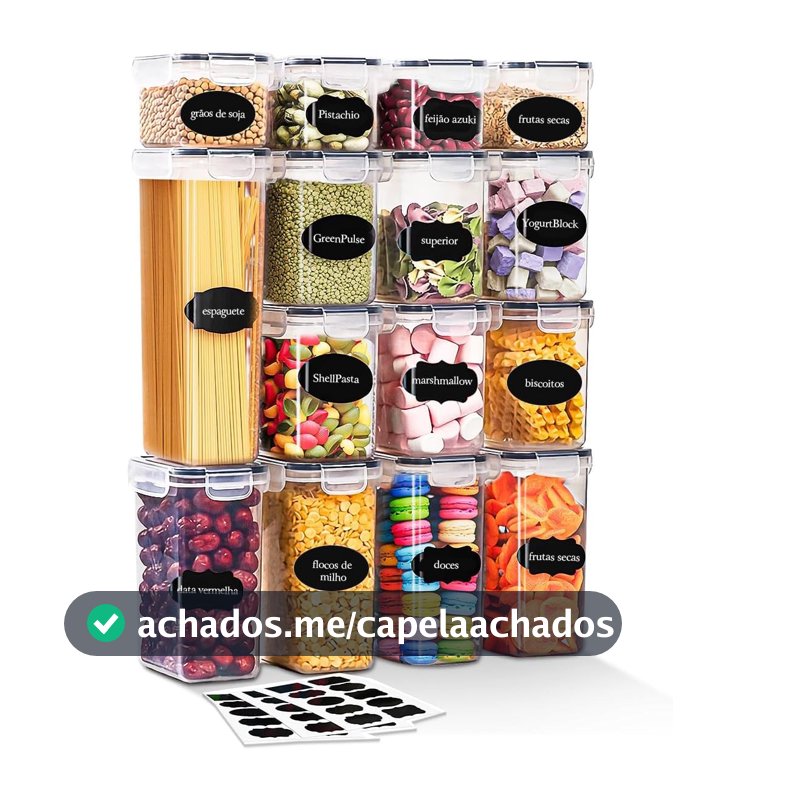 Kit 15 Potes Herméticos para Mantimentos — Organizadores de Cozinha Empilháveis, Livre de BPA, Tampa com Trava Lateral e Vedação em Silicone, 4 Tamanhos (0,8L a 2,8L) + Etiquetas e Caneta