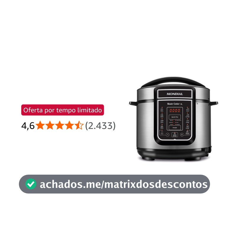 MONDIAL Panela de Pressão Elétrica Digital 5L, Preto/Inox, 900W, 110V - PE-38