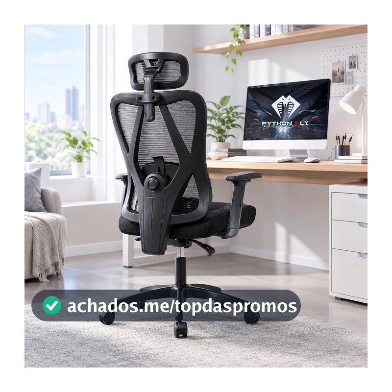 Cadeira de escritório com design ergonômico, apoio de braços 2D ajustável, malha respirável e mecanismo de inclinação, Python Fly – Modelo 2, Preto