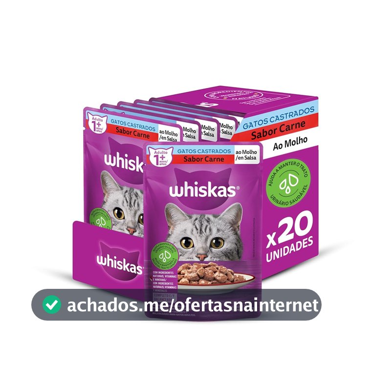 Pack Ração Úmida Whiskas Sachê Carne ao Molho para Gatos Adultos Castrados 85 g - 20 unidades