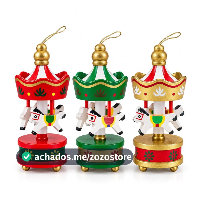 Kit 3 Enfeites de Natal Mini Carrossel de Madeira para Árvore