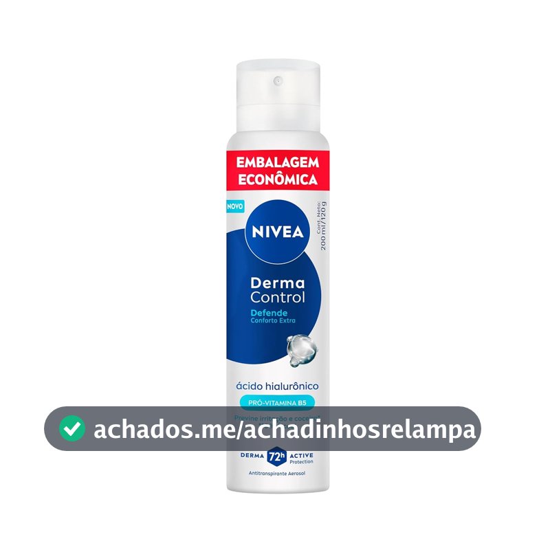 NIVEA Desodorante Antitranspirante Aerossol Derma Control Defende 200ml, Proteção 72h, Previne Irritações, Ácido Hialurônico, Conforto Extra
