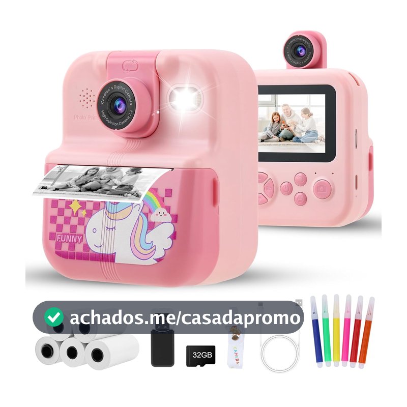 Câmera Infantil, Impressora Instantânea de Sem Tinta, Lente Pode Ser Virada, Selfie, com Flash, 32GB Cartão, Vídeo HD, Brinquedos Meninas Meninos com Crianças de 3 a 14 Anos (Rosa）