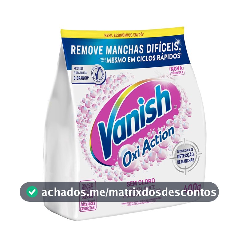 Tira Manchas em Pó Vanish Oxi Action Crystal White Refil 400g para Roupas Brancas, Sem Cloro, com Percarbonato, Remove Manchas Difíceis e Deixa o Branco Até 5 Tons Mais Branco